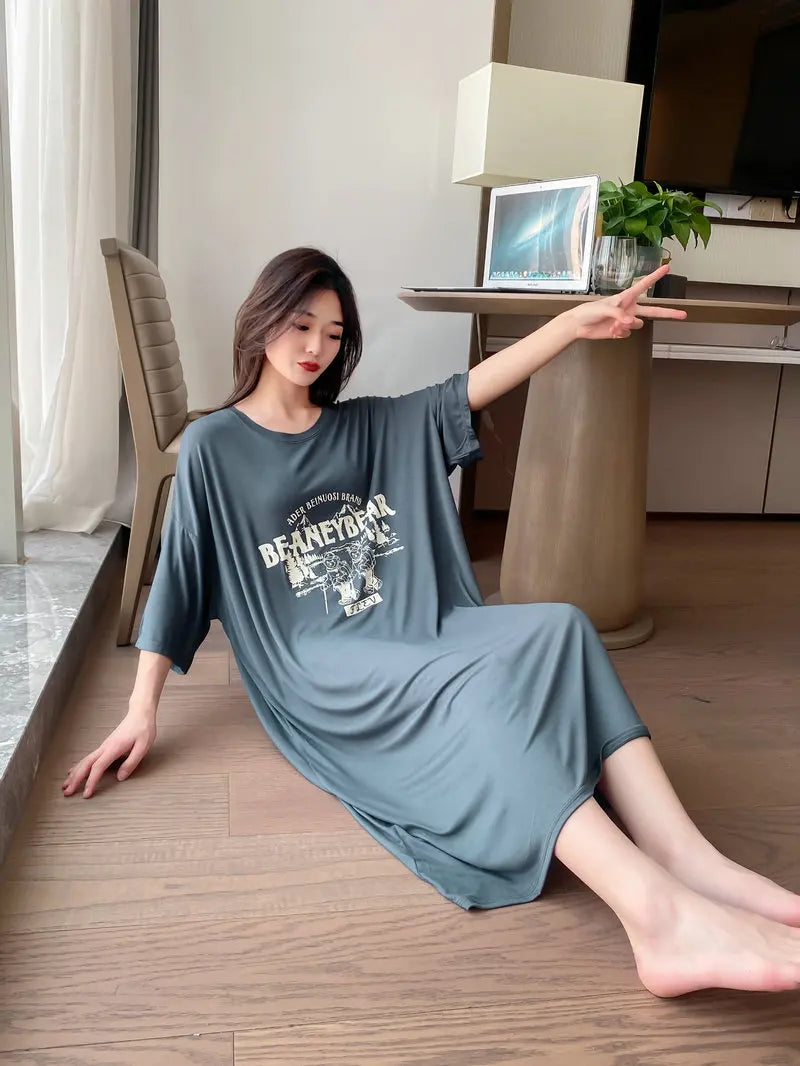 New Casual Sleepwear Woman Night Dress Lounge Home Wear Clothes Printed Short Sleeve Female Nightgowns Cotton Loose Nightshirt