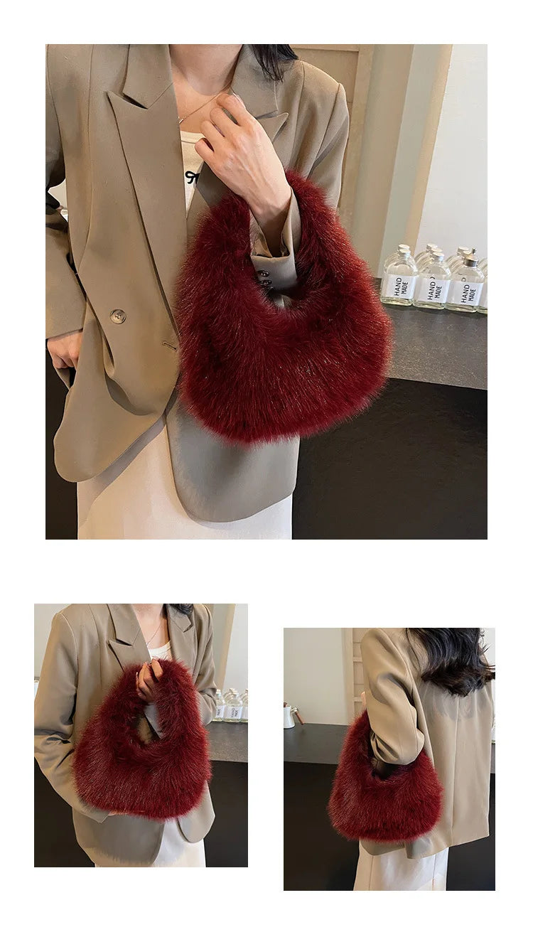 Solid Color Faux Fur Bag for Women Winter Soft Plush Handbags Ladies Small Elegant Tote Bags Fashion Trend Female Furry Purse