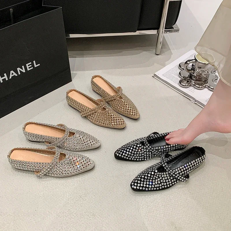 Crystal Women's Pointed Toe Slippers Luxury Flats Sandals Casual Mules Shoes Cozy New Trend Slides Fashion Dress Mujer Zapatos