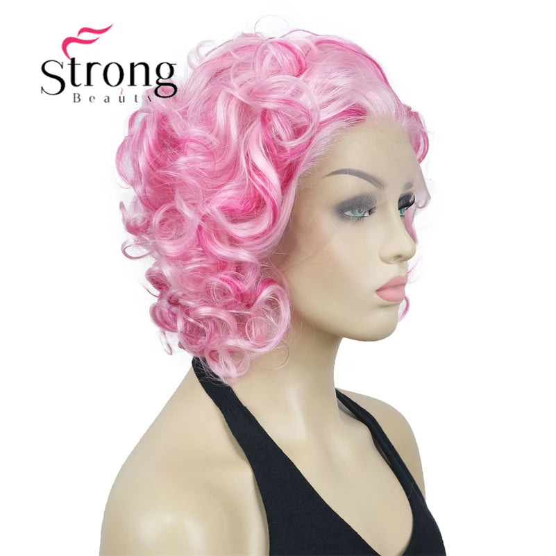 Short Curly Bob Wig Lace Front Wig Pink Synthetic Lace Front Wig For Women Natural Hairline Heat Resistant Synthetic Fiber