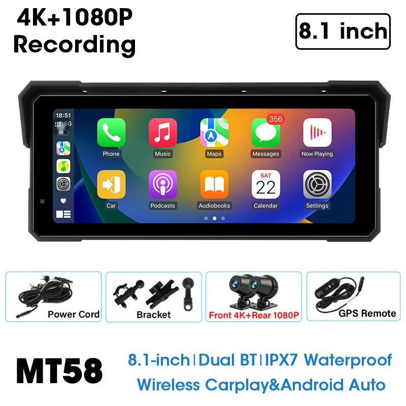 8.1 inch Motorcycle GPS Navigation Wireless Carplay Android Auto IPX7 Waterproof Display Drive Recorder Support 4K+1080P Dual BT