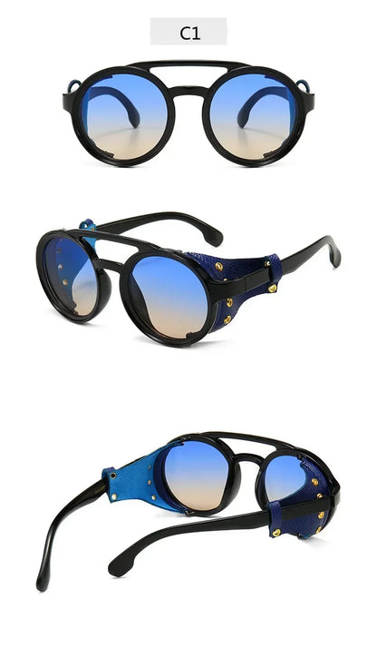 Steampunk Shields Sunglasses Men Women Classic SunGlasses With Side Leather Round Eyewear Pink UV400 Lens