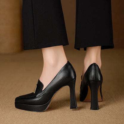 【JOCHEBED HU】Brand Genuine Leather Platform Shoes for Ladies Square Toes Women's Sewing Lines High Heels Leather