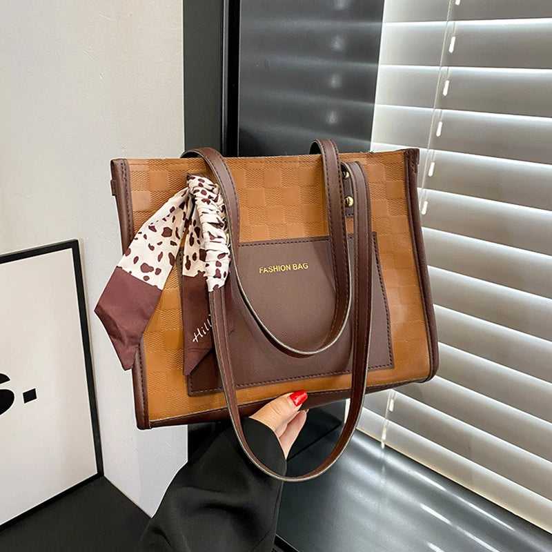Patchwork Contrast Color Handbag Women's Casual Fashion Tote Bag Large Capacity Single Shoulder Bag Women's Silk Scarf Bag