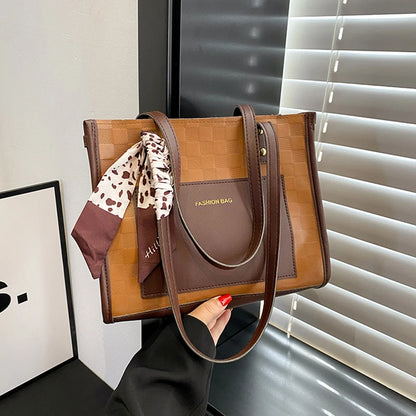 Patchwork Contrast Color Handbag Women's Casual Fashion Tote Bag Large Capacity Single Shoulder Bag Women's Silk Scarf Bag