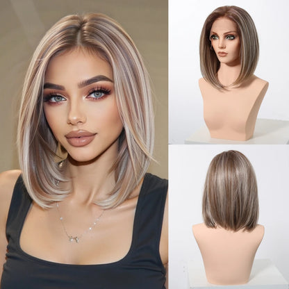 13*6 HD Lace Front Wigs Blonde Mixed Brown Synthetic Wigs For Women Daily Party Short Straight Natural Fake Hair Heat Resistant