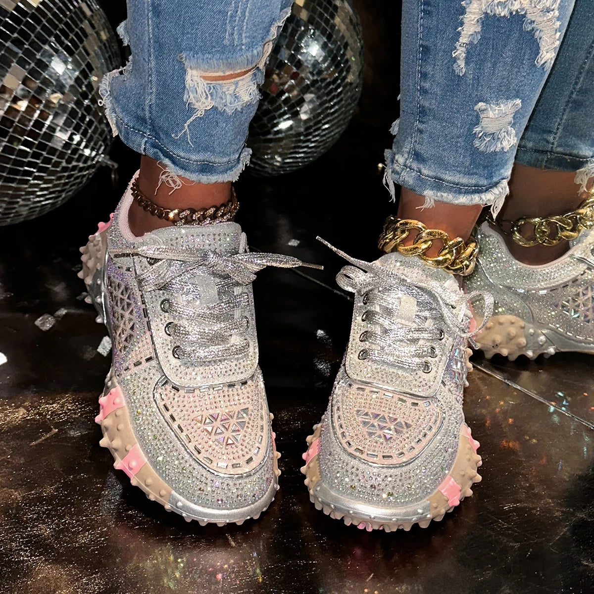 Women's Sport Shoes Crystal Sneakers Casual Flats Platform Shoes Woman 2025 Designer Brand Hiking Running Shoes Mujer