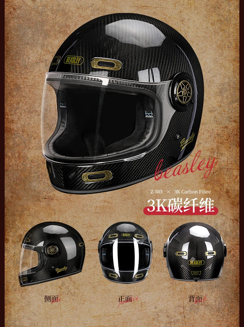 BEASLEY Retro Helmet Men's Women's Cruise Motorcycle Fiberglass Full Helmet Carbon Fiber Motorcycle Helmet DOT Certification
