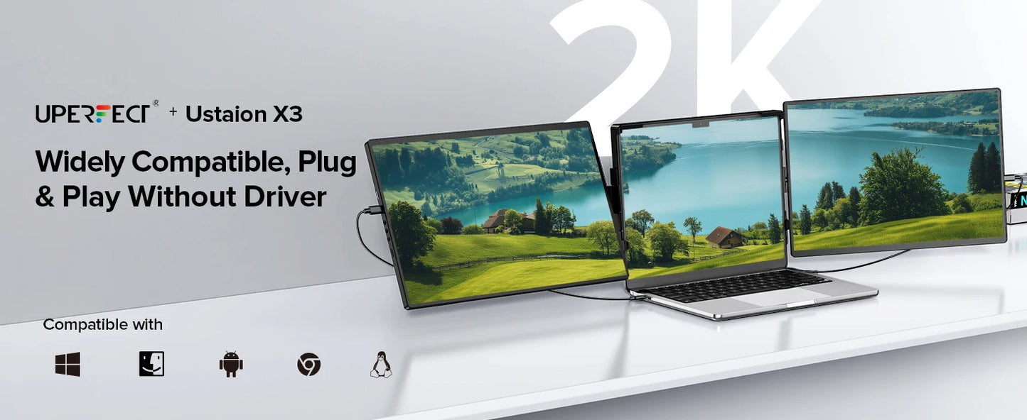 UPERFECT 14" 2K Triple Portable Monitor 2240x1400 QHD IPS Dual Display with Rotation Kickstand Laptop Screen Extender for MacOS