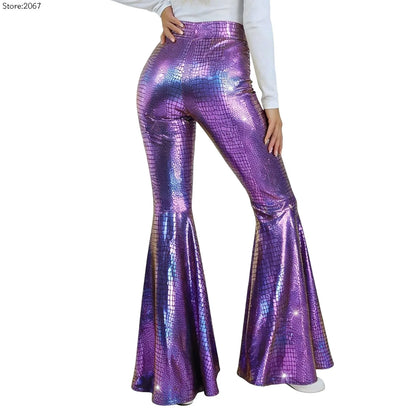 Sequin Women Flared Pants High Waist Shiny Disco Party Trousers Loose Fit Dance Club Stretchy Bell Bottom Wide Leg Trousers New
