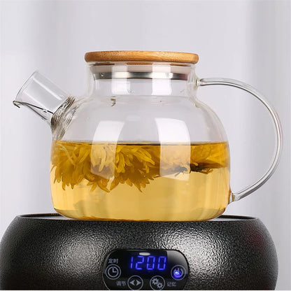 1/1.8L Transparent Glass Teapot with Bamboo Lid Heat-Resistant Glass Pitcher Thickened Glass Flower Tea pot Puer Kettle Office