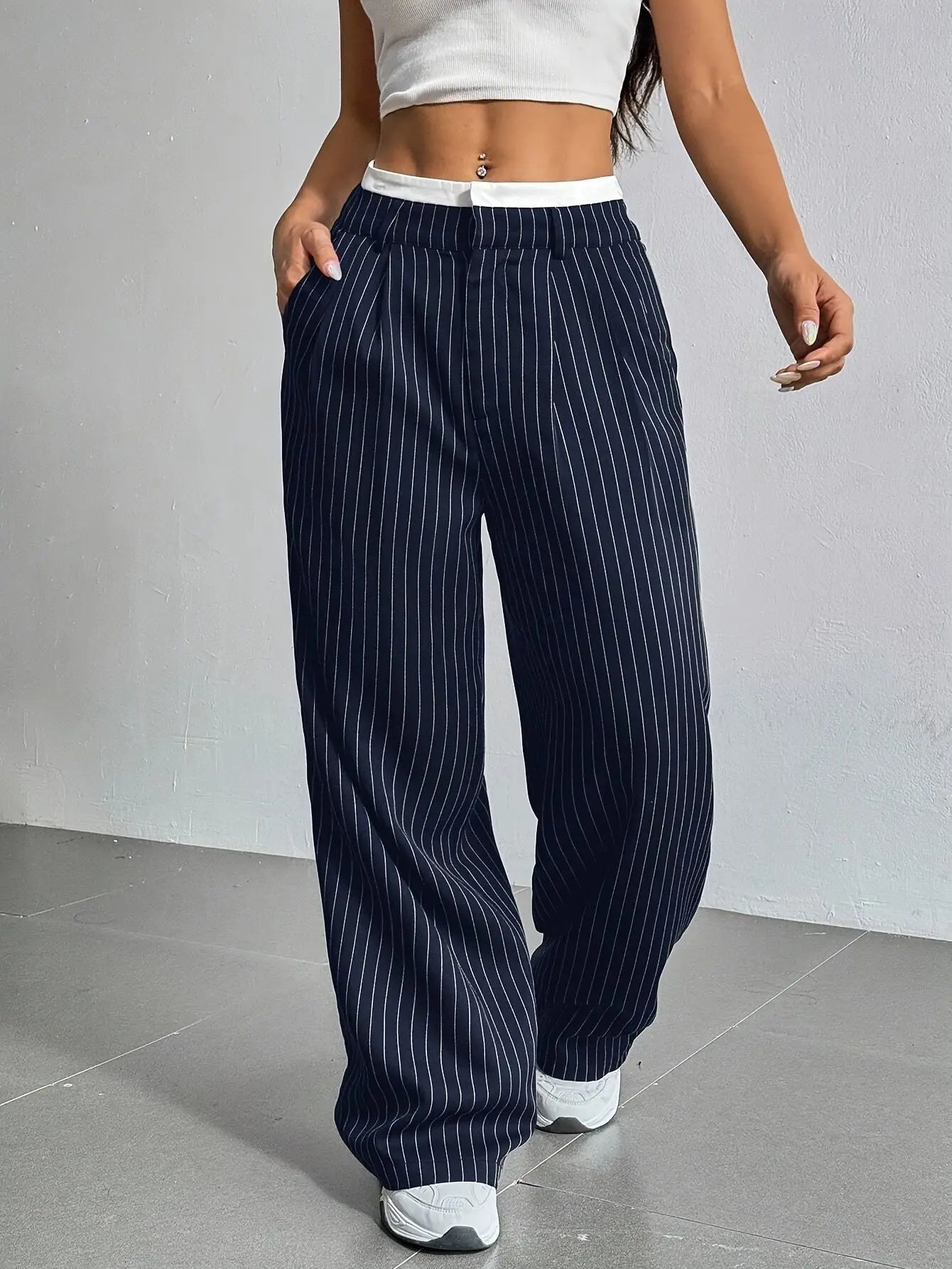 Fashion Pants Women's Stripe Straight Pants 2024 Autumn Winter High Waisted Casual Suit Pants Office Lady Women Trousers Bottoms