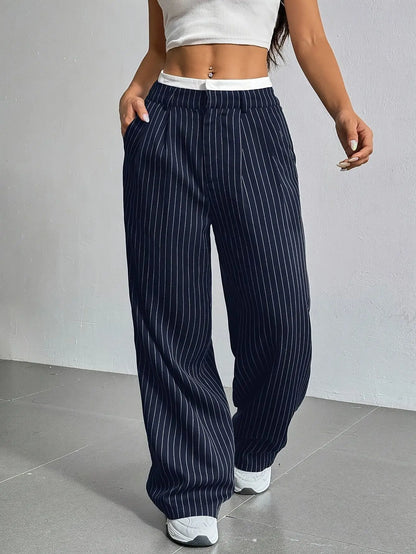 Fashion Pants Women's Stripe Straight Pants 2024 Autumn Winter High Waisted Casual Suit Pants Office Lady Women Trousers Bottoms