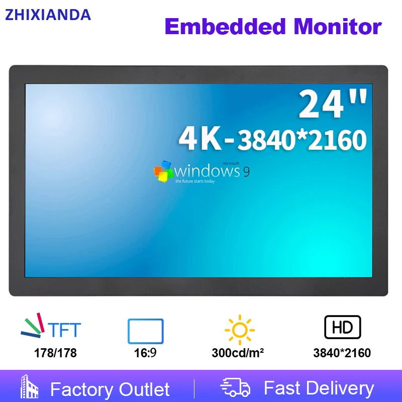 ZHIXIANDA 24 Inch 4K 3840*2160 VESA Embedded Panel Mount Industrial Touch Screen Monitor LCD Display PC HDMI DP for Equipment