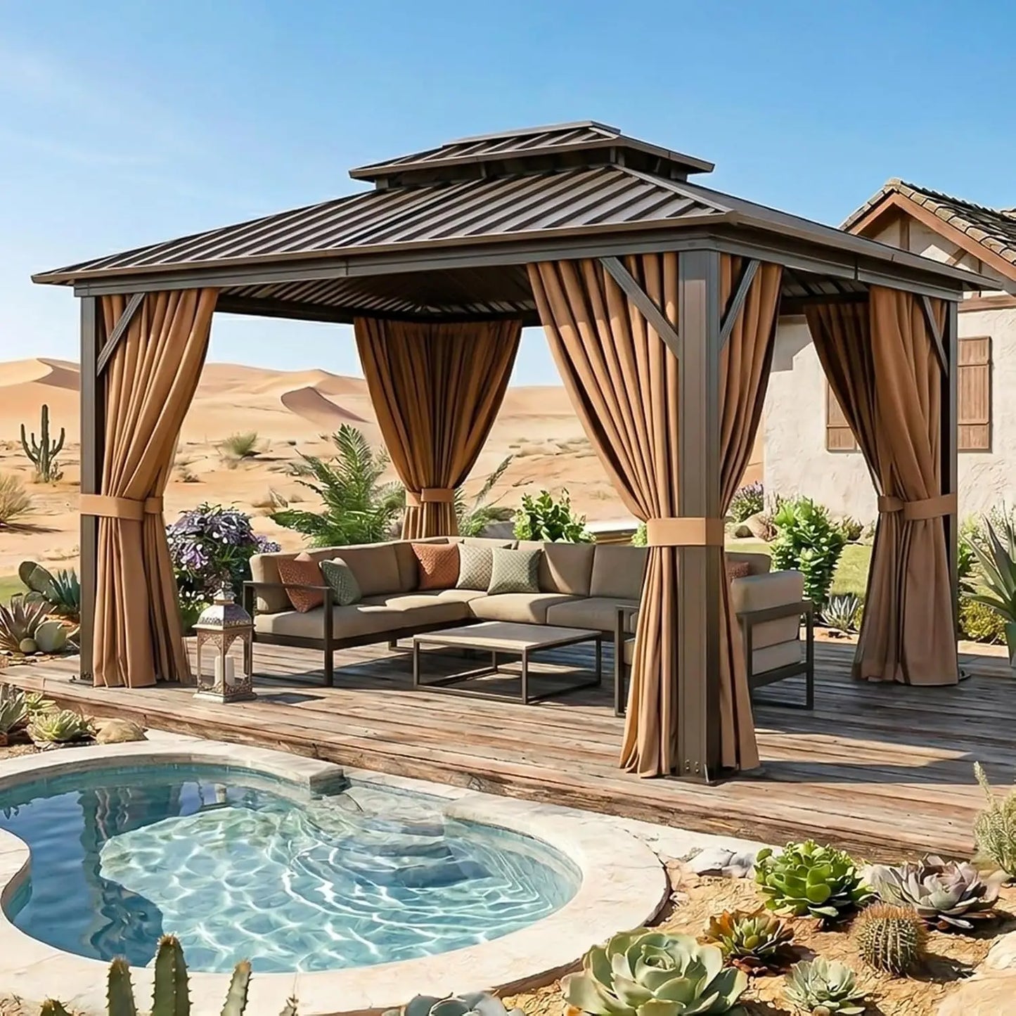 Premium Hard Roof Gazebo Heavy Duty Metal Frame Waterproof Sunshade Permanent Outdoor Pergola With Curtains And Netting
