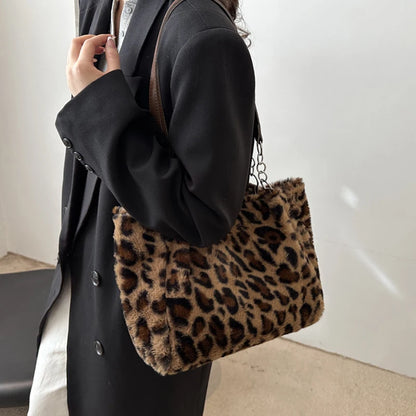 New Leopard Print Fur Bags Women Fashion Portable Faux Fur Handbags Winter Soft Warm Bag Girls Fluffy Large Capacity Tote Purse