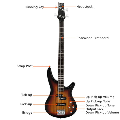 24 Frets Rosewood Fingerboard GIB Electric Bass Guitar Full Size 4 String Sunset Color