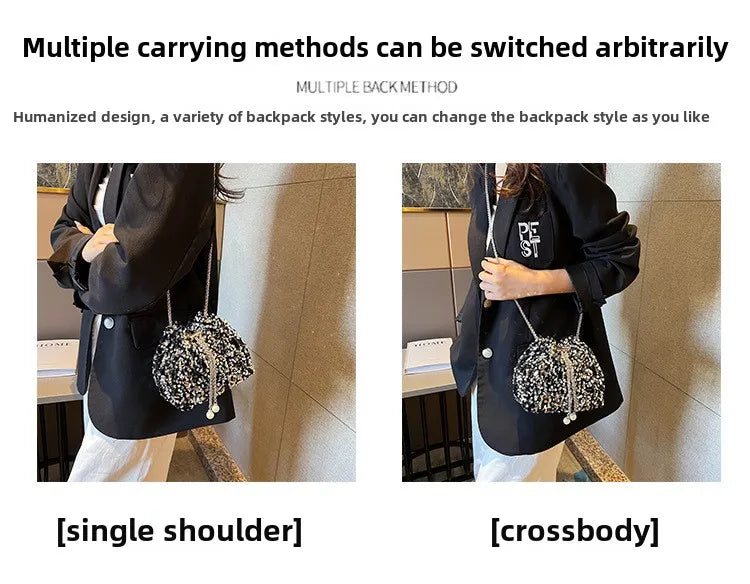 Good-looking Personality Sequin Women's New Korean Bucket Bag Bright Eyes Style Fashion Crossbody Dinner Single Shoulder Bags