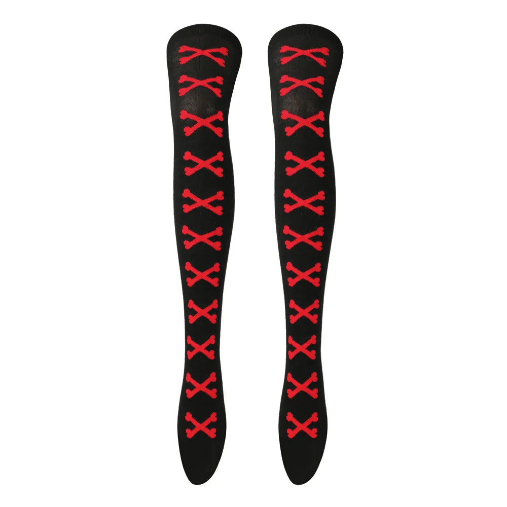 Womens Bone Thigh High Stockings Ladies Halloween Girls Black White Pink Long Over Above Knee Socks Tall Funny Cosplay Harajuku