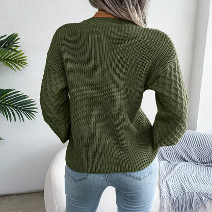 2024 Autumn Winter Casual Lantern Long Sleeved Knitted Sweater Fashion Army Green Round Neck Sweater Elegant Knitted Pullover