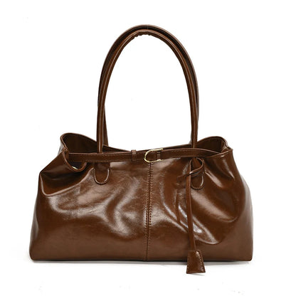 Women's Vintage Glossy Oil Wax Leather Tote Bag Buckle Casual Shoulder Handbag Elegant Work Bag for Daily Commute Top-handle Sac