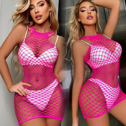 Sexy Women Fishnet Bodycon Mini Dress Mesh Hollow Out See Through Lingerie Erotic Perspective Temptation Nightdress Costume
