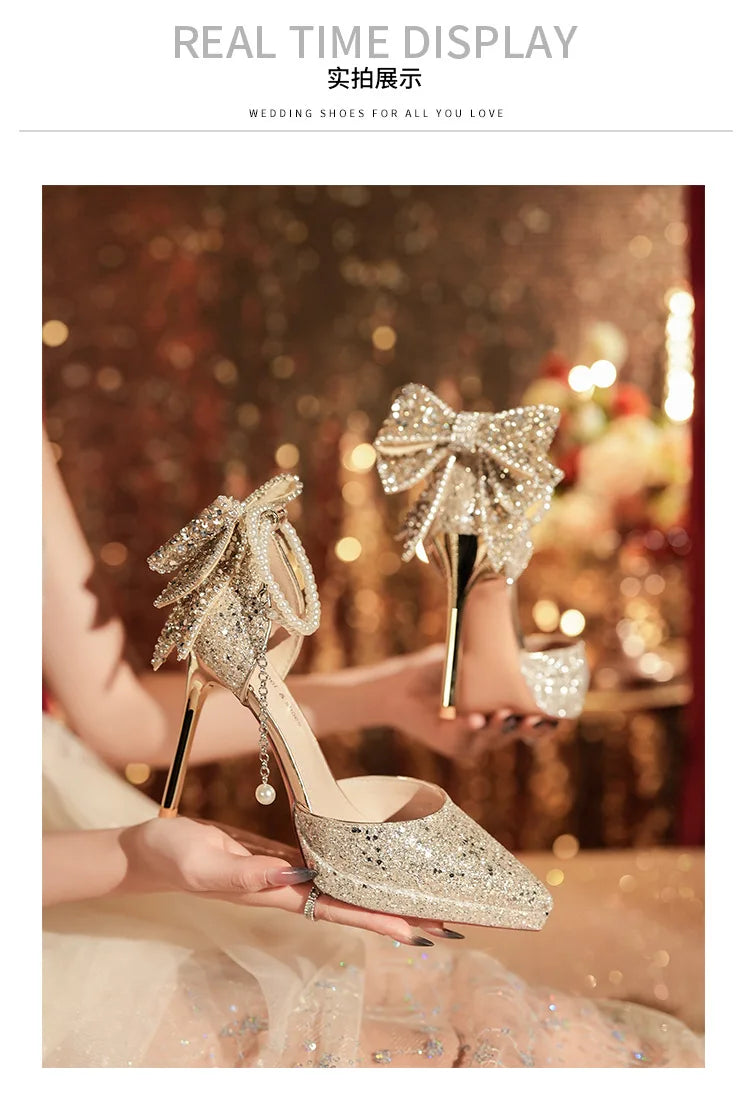 Shiny Glitter Bow Pearl Chain High Heels Wedding Banquet Dress Wedding Shoes Women's Shoes