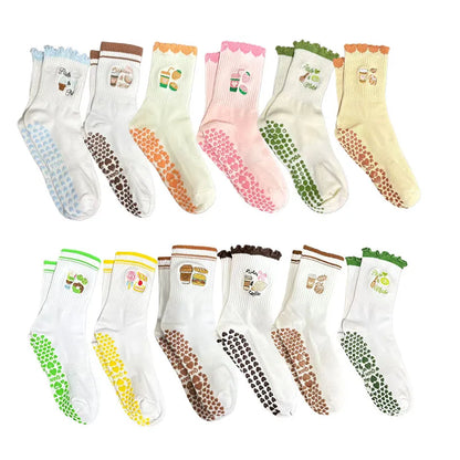 European sizes 36-43, 1 Pair of Heart-Shaped Lace Embroidered Yoga Socks, Mid-Calf Length, for Women