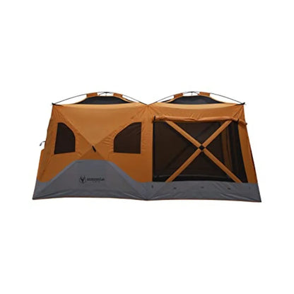 Camping shelter for 4-8 persons, polyester fabric, orange, pop-up setup with rain fly and extended screened sun room