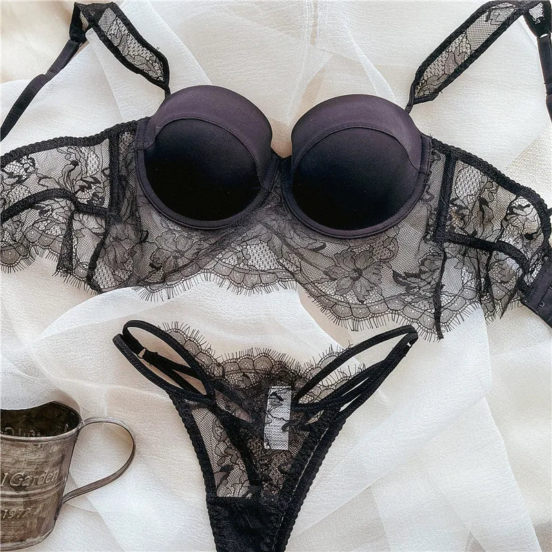 Women Lace Push Up Bra Wireless Thin Cotton Underwire Shaping Bras Anti Sagging Bralette 2 Piece Panty Set Sexy Lingerie S-XL