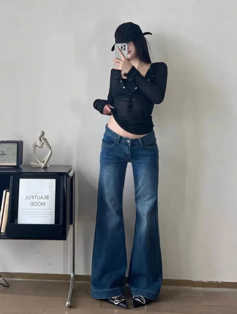 2025 New High Waist Flared Jeans Female Y2K Vintage Slim Stretchy Denim Pants for Women Aesthetic Streetwear Wide Leg Trousers