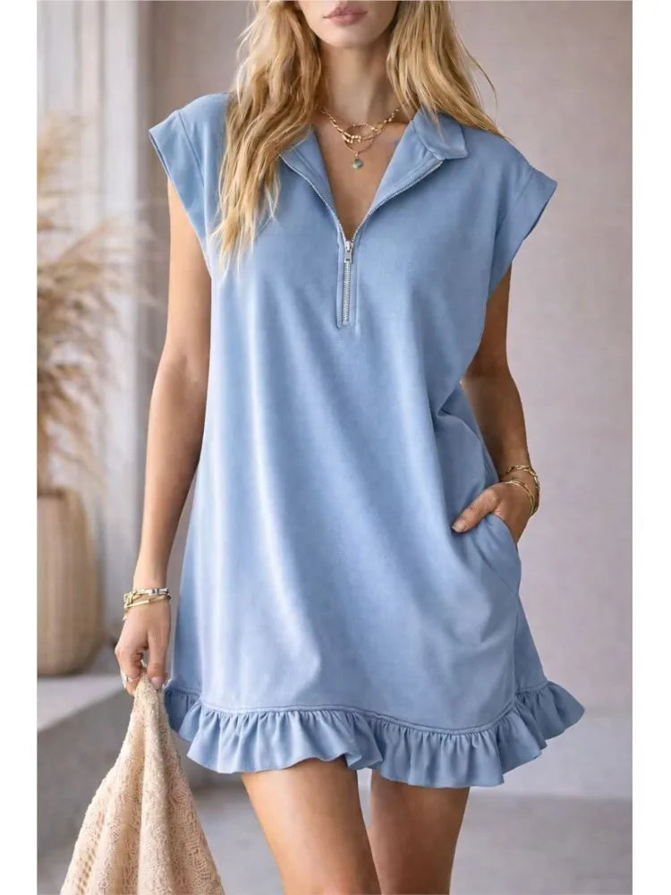 Spring Summer New Sleeveless Pocket Dress Zipper V-neck Ruffled A-line Skirt For Women Fashion Elegant Casual  Holiday Dresses