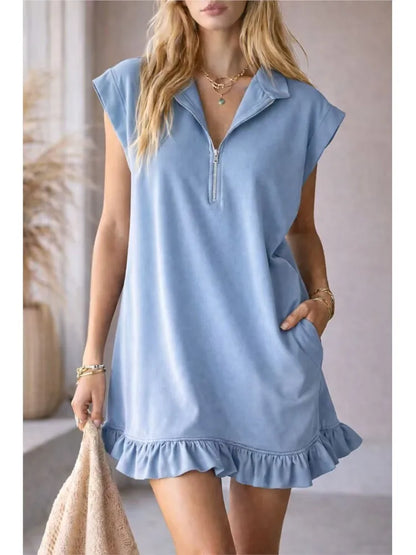 Spring Summer New Sleeveless Pocket Dress Zipper V-neck Ruffled A-line Skirt For Women Fashion Elegant Casual  Holiday Dresses