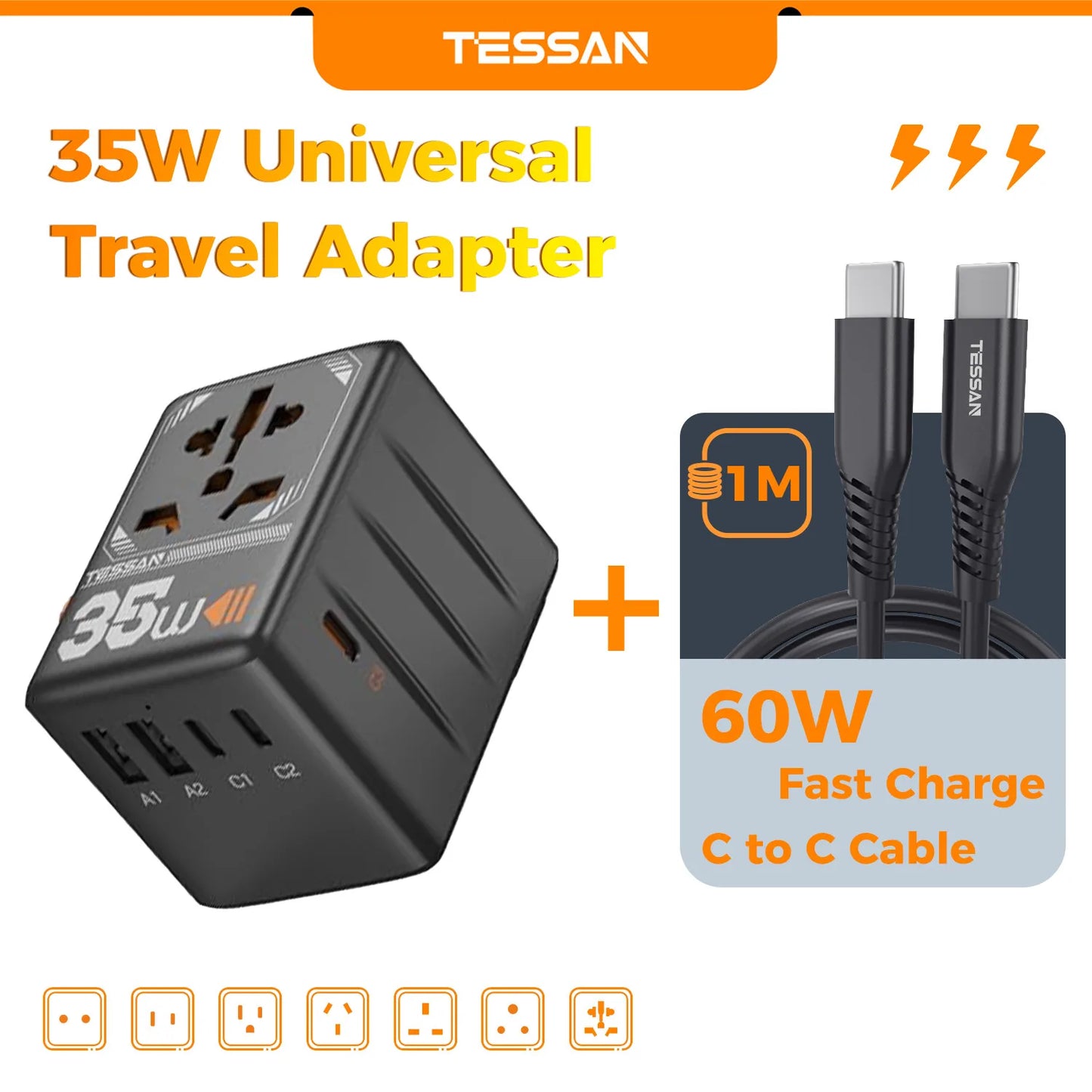 TESSAN 35W/65W/100W GaN Universal Travel Adapter with USB Ports Type C Fast Charging Power Adapter EU/UK/USA/AUS Plug for Travel