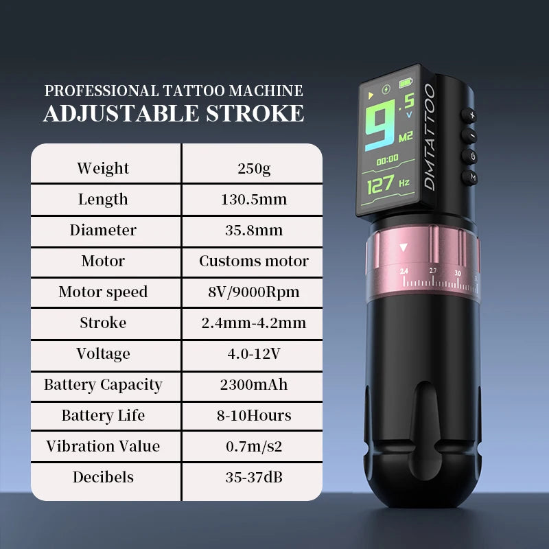 DM Venom 2.4-4.2MM Stroke Wireless Tattoo Machine LED Large Touch Screen 2300mAh Battery Suitable for Permanent Body Art