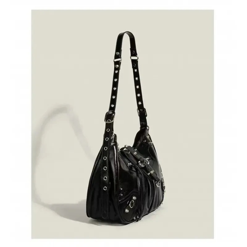 SHELKSBAG Motorcycle Cool Girl Vintage Leather Shoulder Message Bag Large Capacity Crossbody New Women's Bags Grunge Y2K