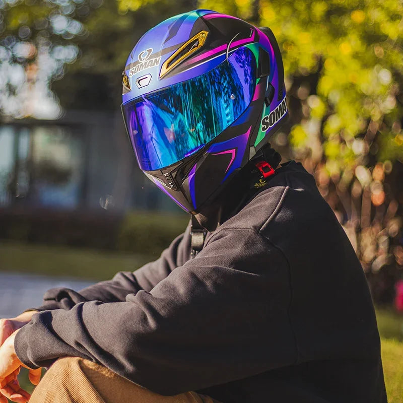 SOMAN Full Face Helmet Dual Lens Flip Up Motorcycle Helmets Casco Accessories Men Women Casque Moto Racing DOT Approved Visor