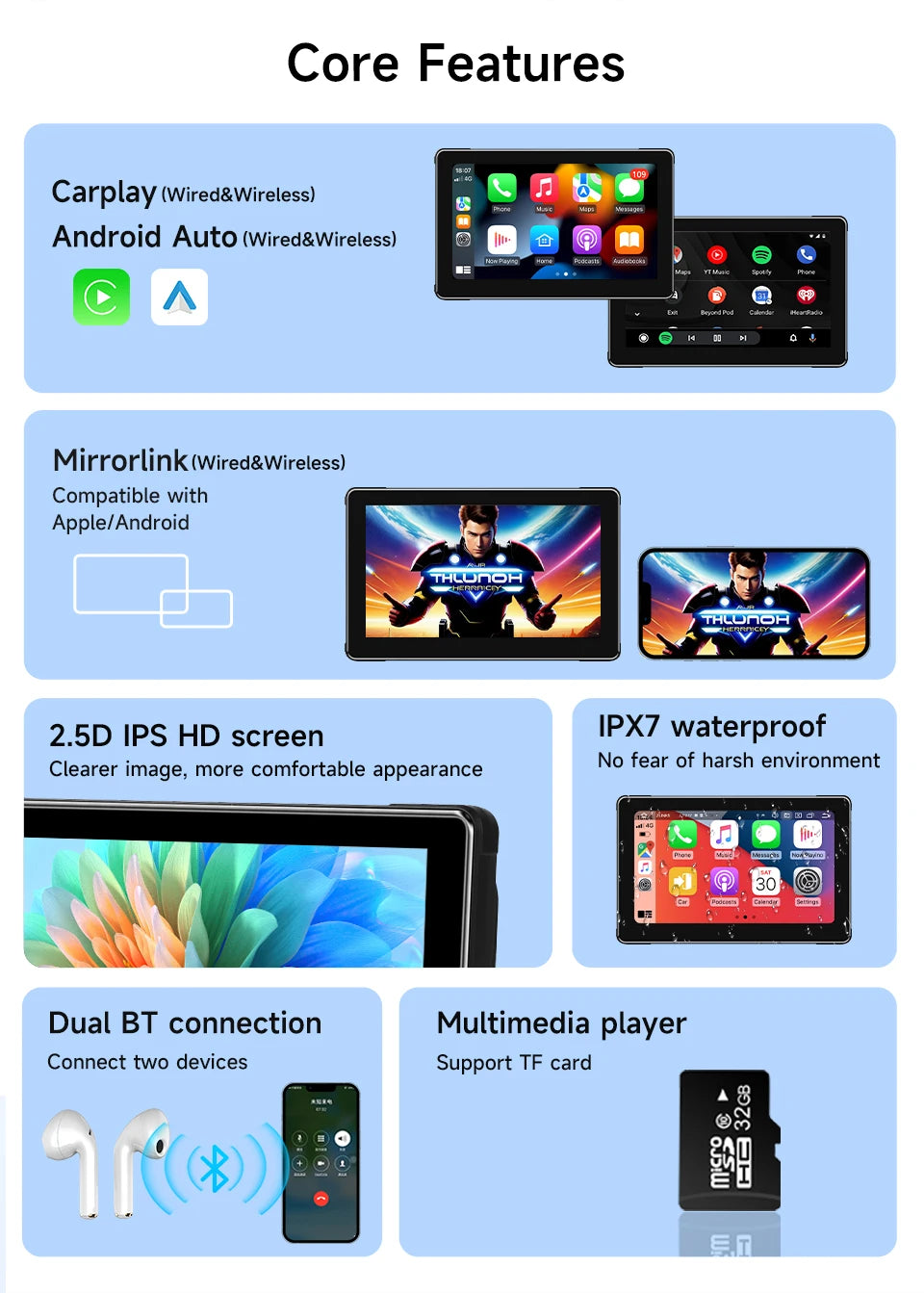 7-inch motorcycle navigation screen, Ipx 6, 1024 x 600, wireless automatic monitor, Android, Apple Carplay