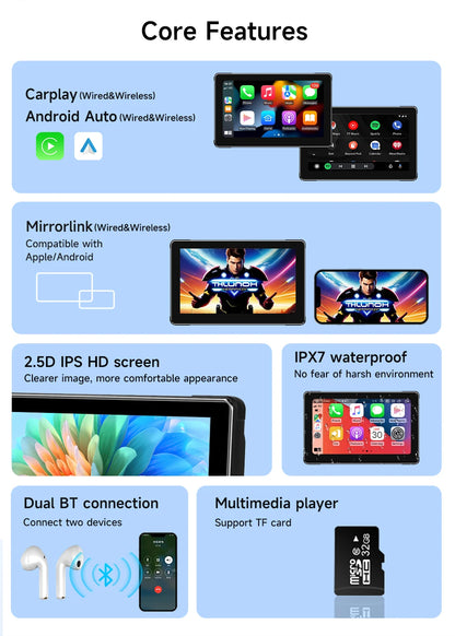 7-inch motorcycle navigation screen, Ipx 6, 1024 x 600, wireless automatic monitor, Android, Apple Carplay