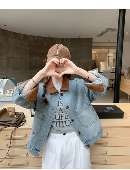 Women Clothing Autumn Fashion Korean Button Color Blocking Polo Collar Female All-match Fashionable Pocket Appear Thin Cardigan