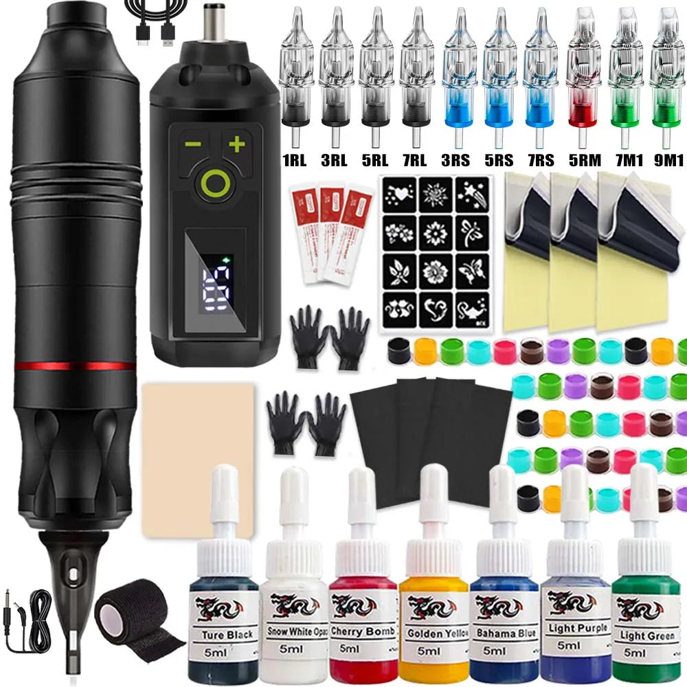 Tattoo Machine Kit Professional Tattoo Kit with Tattoo Transfer Machine Printer or Not Wireless Tattoo Power Supply Beginner Set