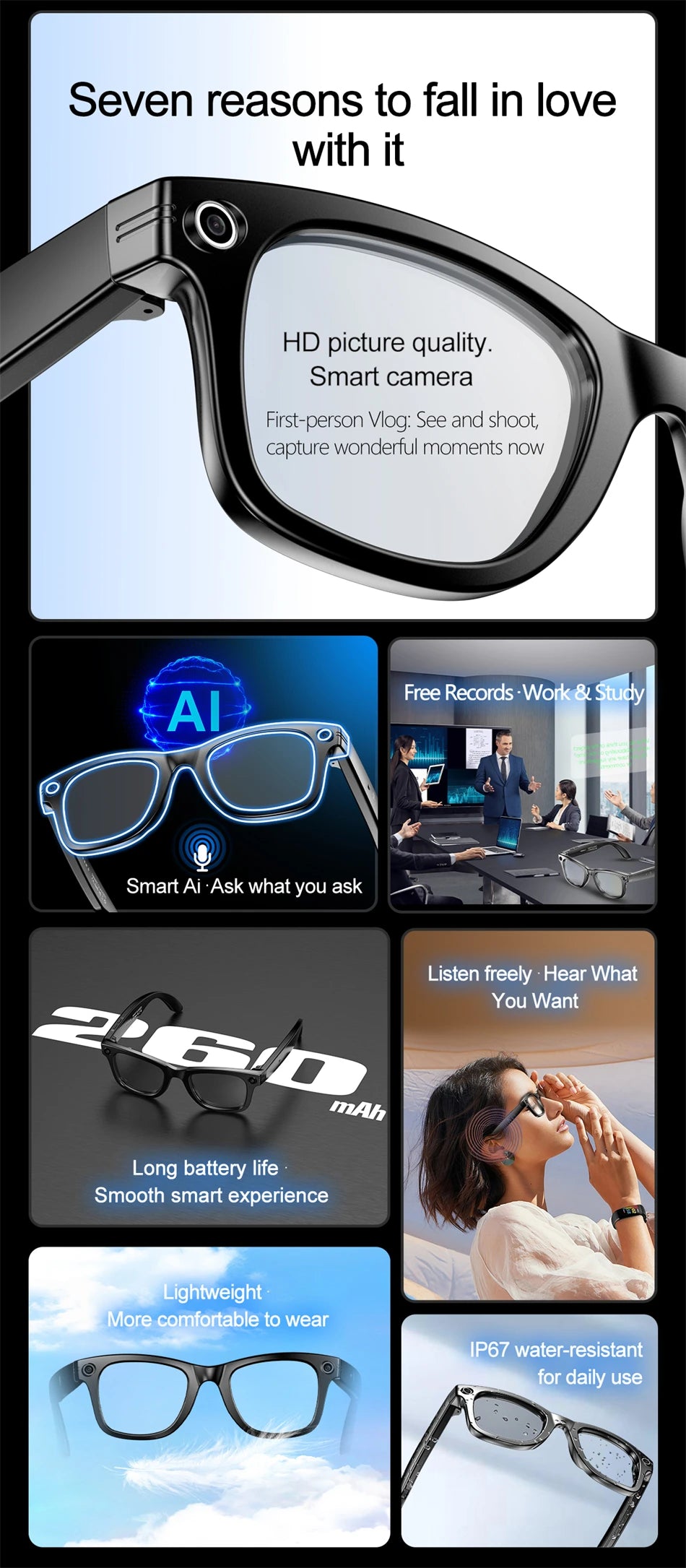 LIGE AI Camera Glasses Wireless Smart Sunglasses with Camera Bluetooth Call Music Glasses Video Sound Recording Antiblue Glasees
