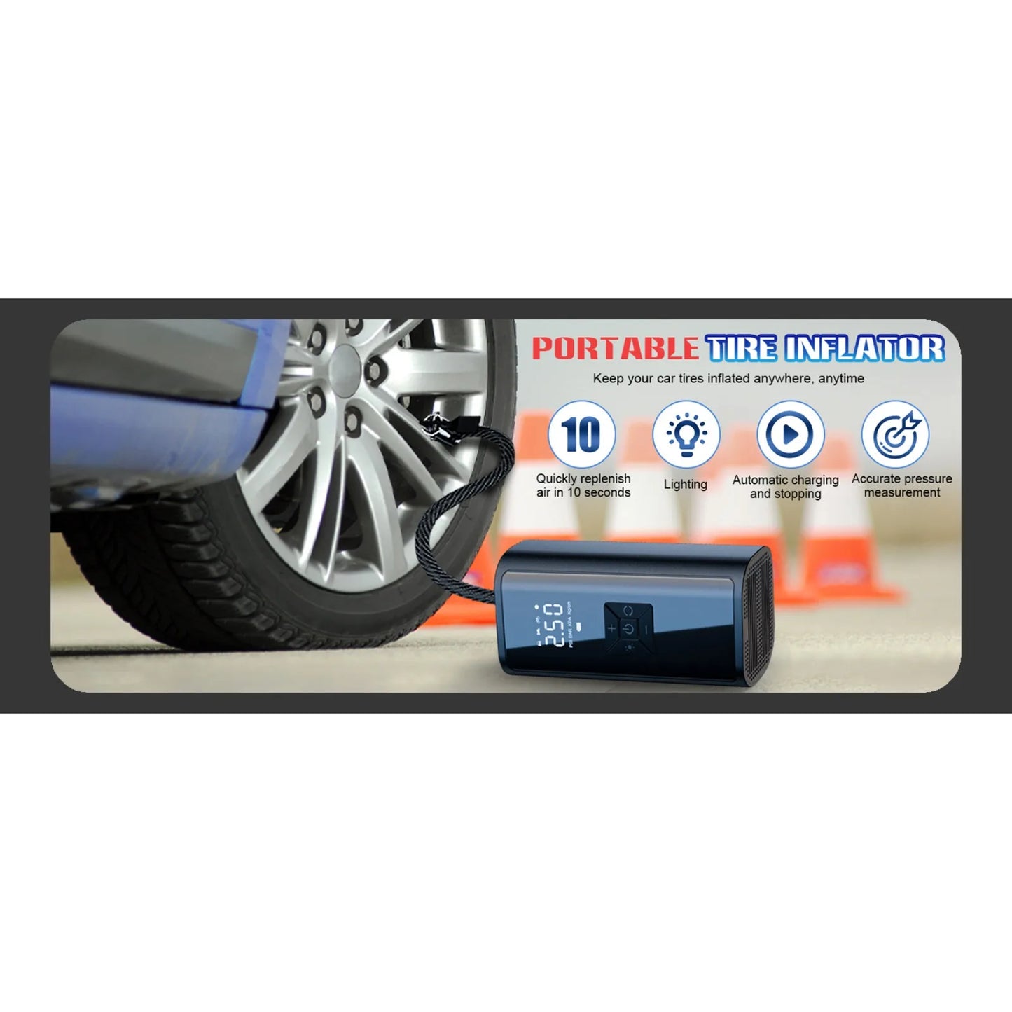 Portable 150 PSI Cordless Air Compressor Tire Inflator USB Charging LED Light Power Bank for Cars Motorcycles Bicycles Balls