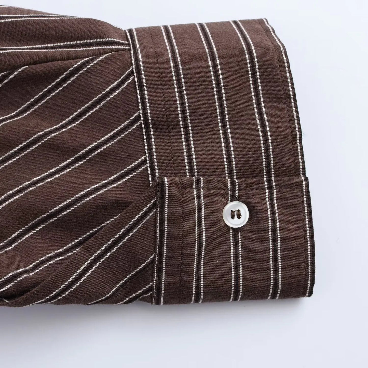 EDSA Women Brown Batwing Stripe Shirt Long Sleeves with Cuffs Patch Pockets Button-up Front for Office Lady Blouse
