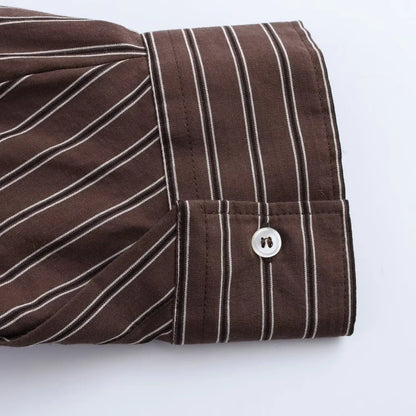 EDSA Women Brown Batwing Stripe Shirt Long Sleeves with Cuffs Patch Pockets Button-up Front for Office Lady Blouse