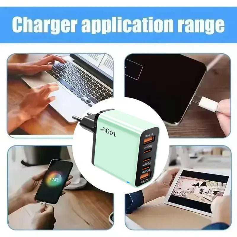 4-in-1 Type C Cable USB C PD Fast Charger 5 Ports Quick Charge Phone Adapter For iPhone Samsung Xiaomi Huawei OPPO Wall Charger