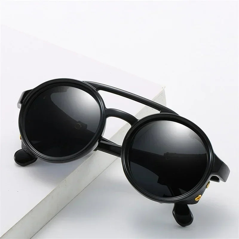 Steampunk Shields Sunglasses Men Women Classic SunGlasses With Side Leather Round Eyewear Pink UV400 Lens