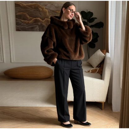 Luxury Faux Fur Hooded Pullovers Women's Loose Full Sleeve Stand Collar Pocket Coats 2025 New Autumn Winter Ladies Solid Outwear