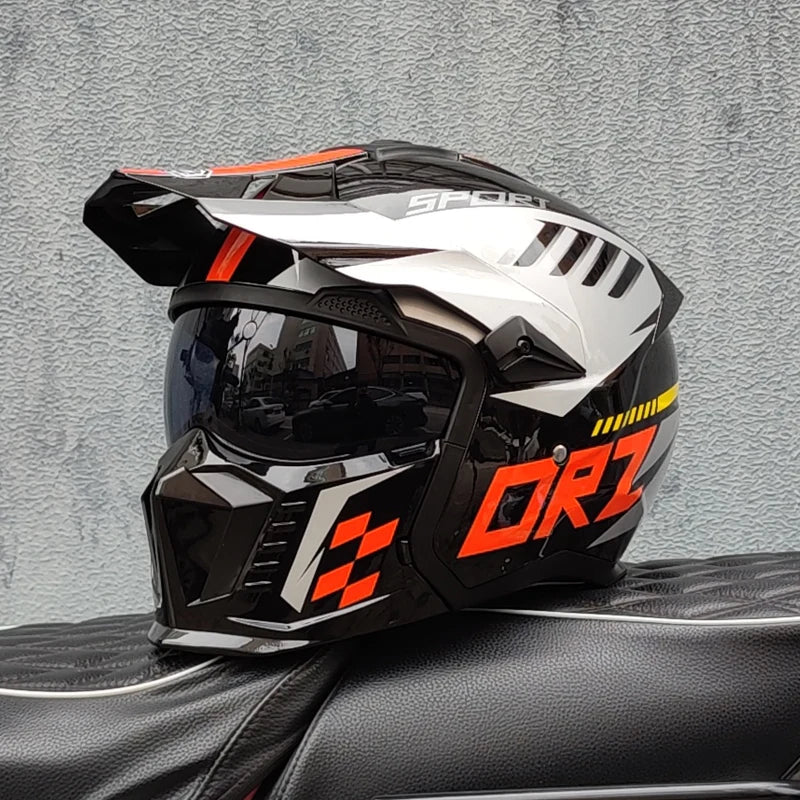 ORZ Street Fighter Combination Helmet Motorcycle Helmet Men's and Women's Retro Full Helmet Four Seasons Detachable DOT