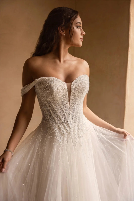 Shiny Beaded Sequined Sweetheart Tulle A Line Wedding Dresses Custom Made Bridal Grown 2025 Vestido De Noival